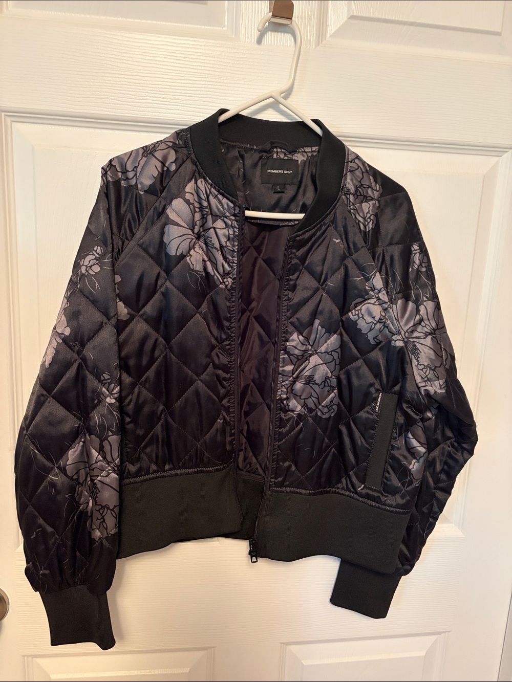 Members Only Black Quilted Floral Bomber Jacket